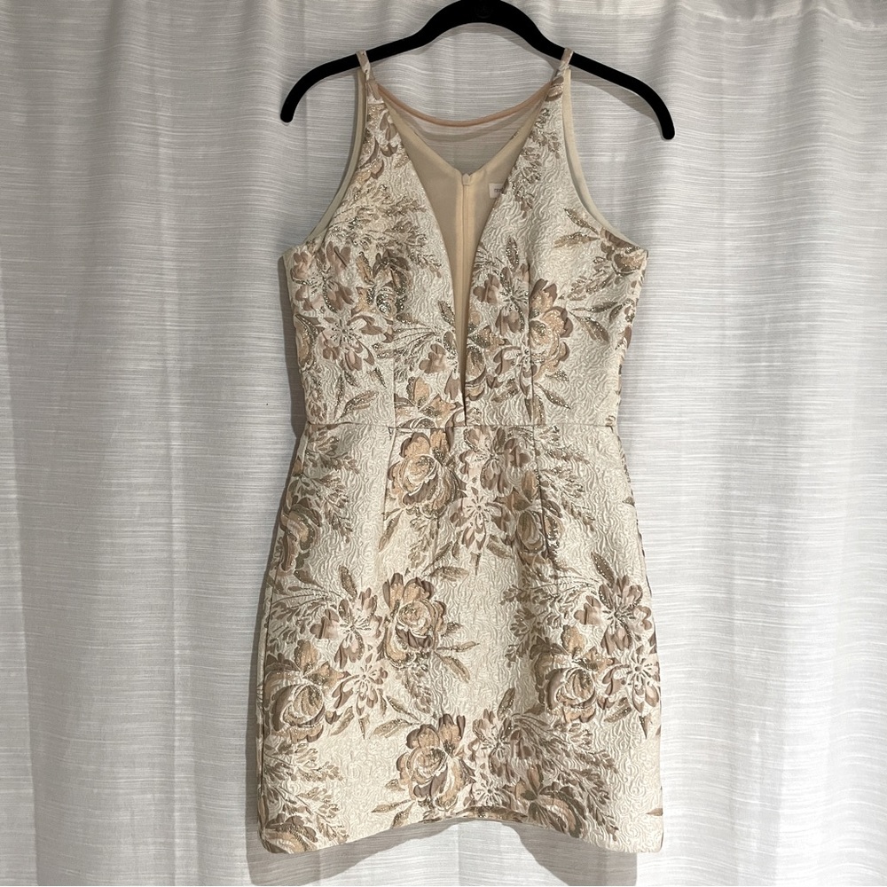 Mini dress with nude mesh deep V neckline, sparkly floral print